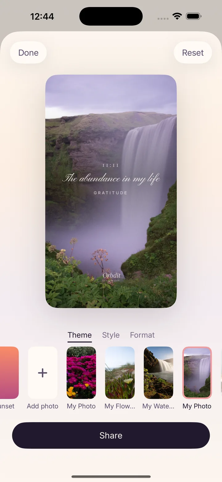 An Orbdit Wish Card on a photo backdrop, ready to share