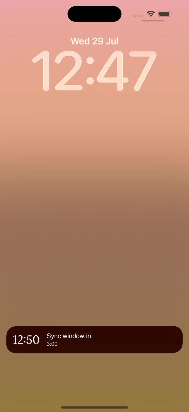 Orbdit Live Activity on the iPhone lock screen, counting down to the next sync window